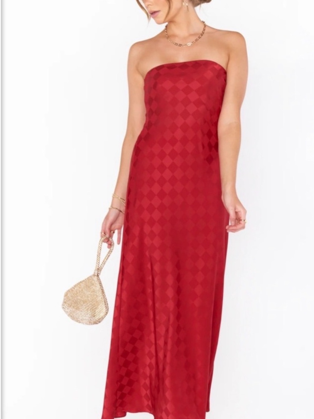 Show Me Your MuMu Strapless Red Diamond-Jacquard Maxi Dress